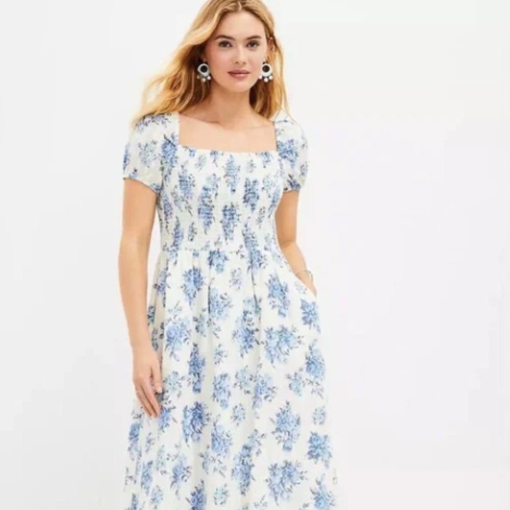 LOFT Floral Smocked Puff Sleeve Midi Dress with Pockets